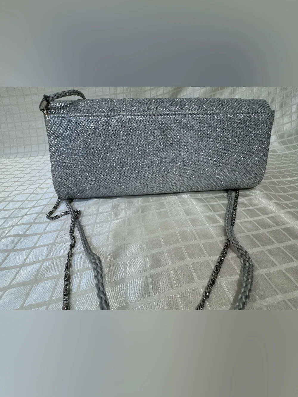 Silver Metallic Ankle-Strap Heels with Matching Clutch